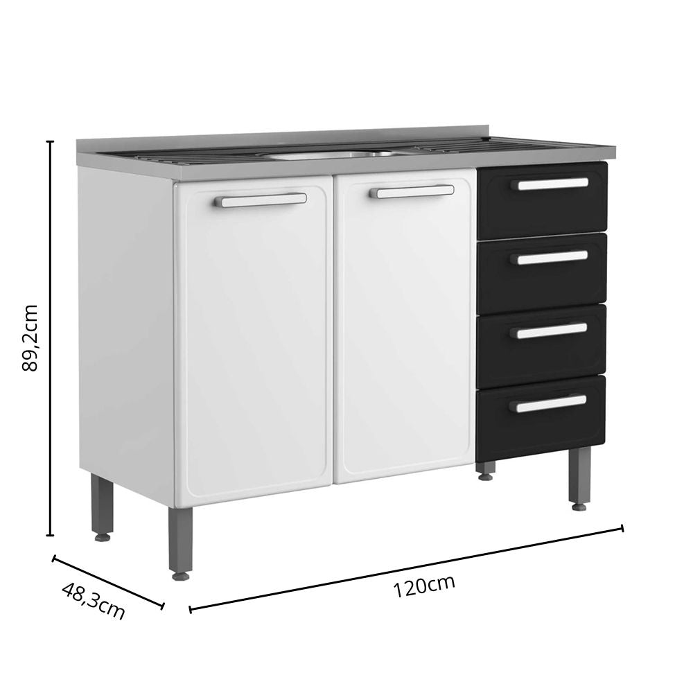 Balcão de Aço com Pia 2 Portas 4 Gavetas Gourmet Bertolini