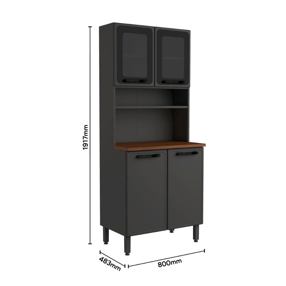 Armário de Cozinha em Aço 4 Portas 2 Vidros Estilo Bertolini