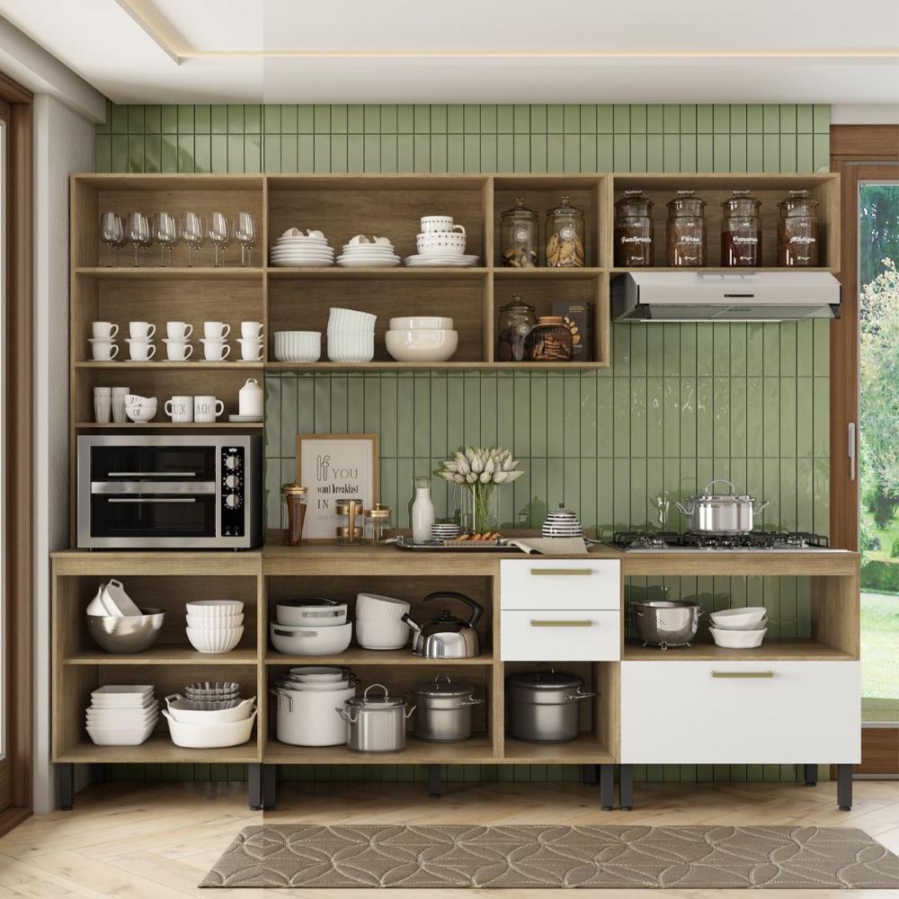 Cozinha Completa em Madeira com Tampo 12 Portas 3 Gavetas Axé Bertolini