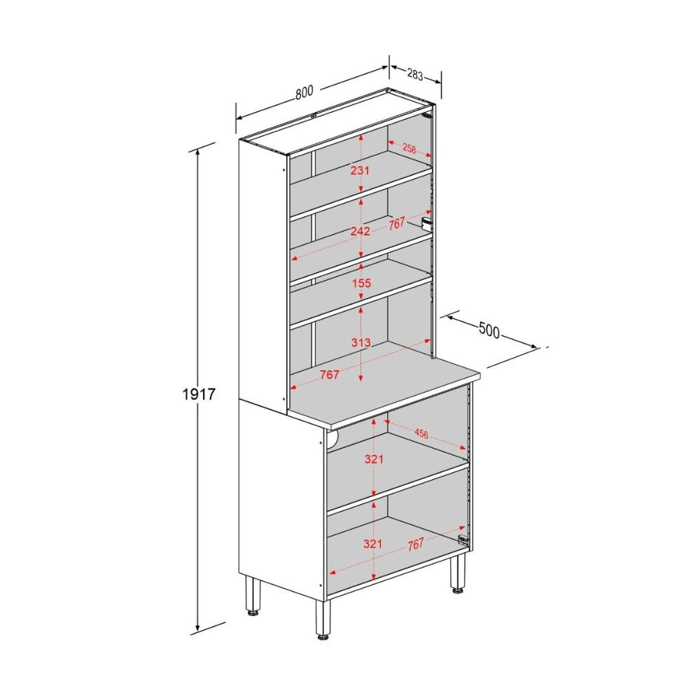 Armário de Cozinha em Aço 4 Portas 2 Vidros Estilo Bertolini